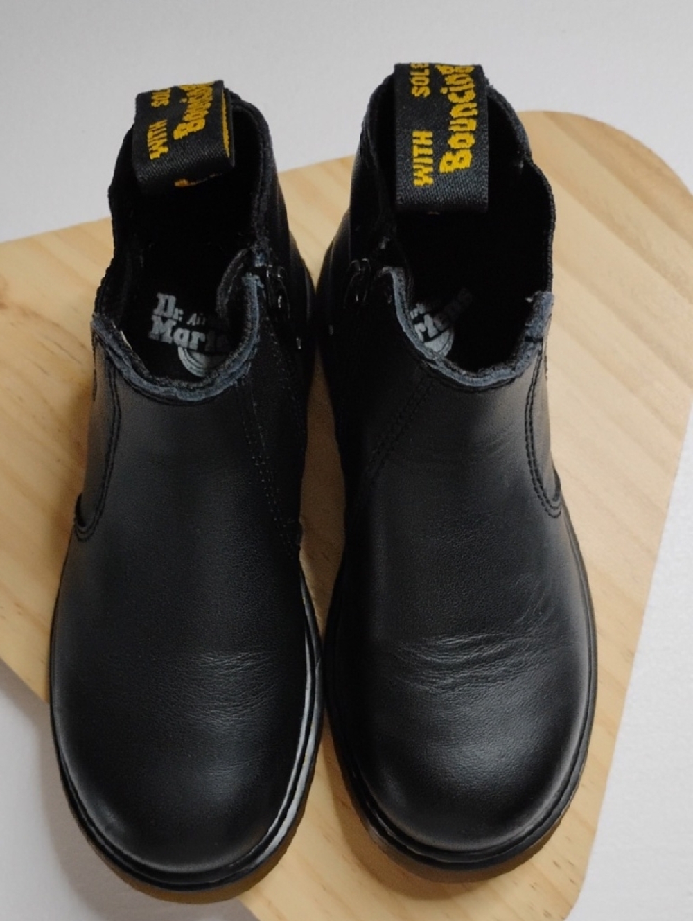 Kids, Dr. Martens Black Leather Chukka Boots with Yellow Heel Loop 2976 j